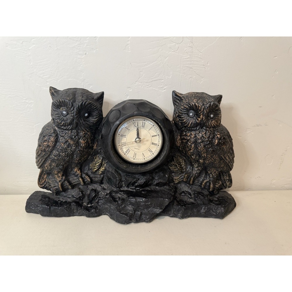 Vintage Double Owl Mantel Clock Retro‎ Faux Stone Quartz Desk Shelf Decor 1980s